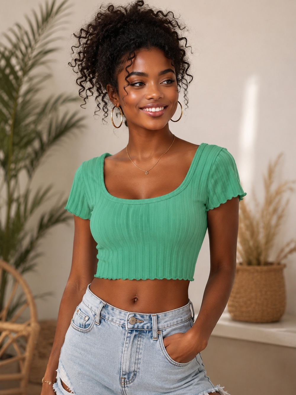 Scoop Neck Ribbed Crop Top in Green - Women